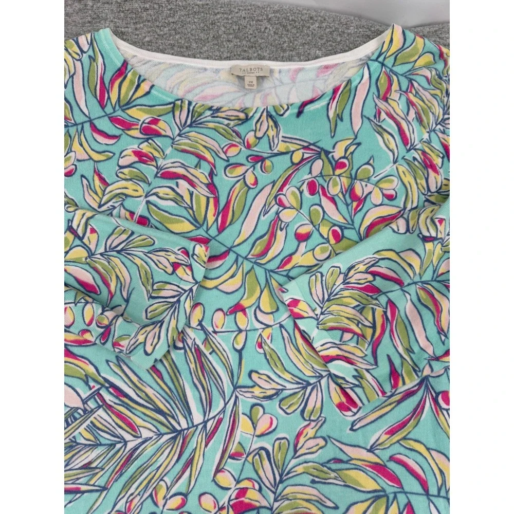 Talbots Knit Cotton Sweater Top Size 2X Aqua Tropical Leaf Print 3/4 Sleeve